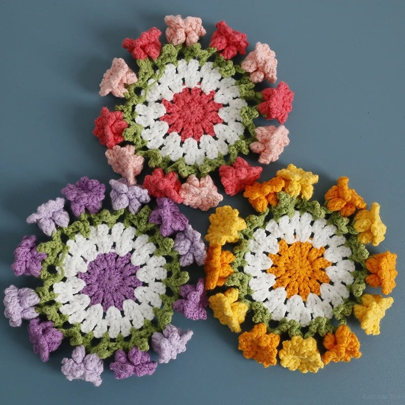 Handmade Crochet Sunflower Pot & Coaster Set