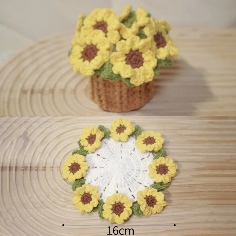 Handmade Crochet Sunflower Pot & Coaster Set