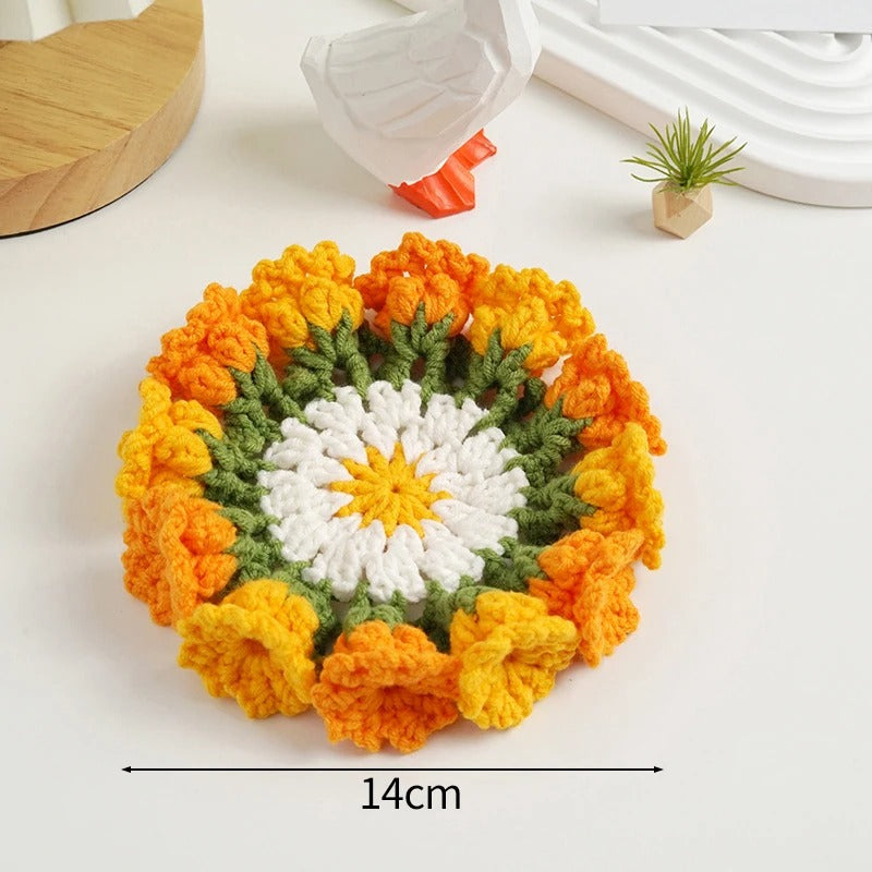 Handmade Crochet Sunflower Pot & Coaster Set